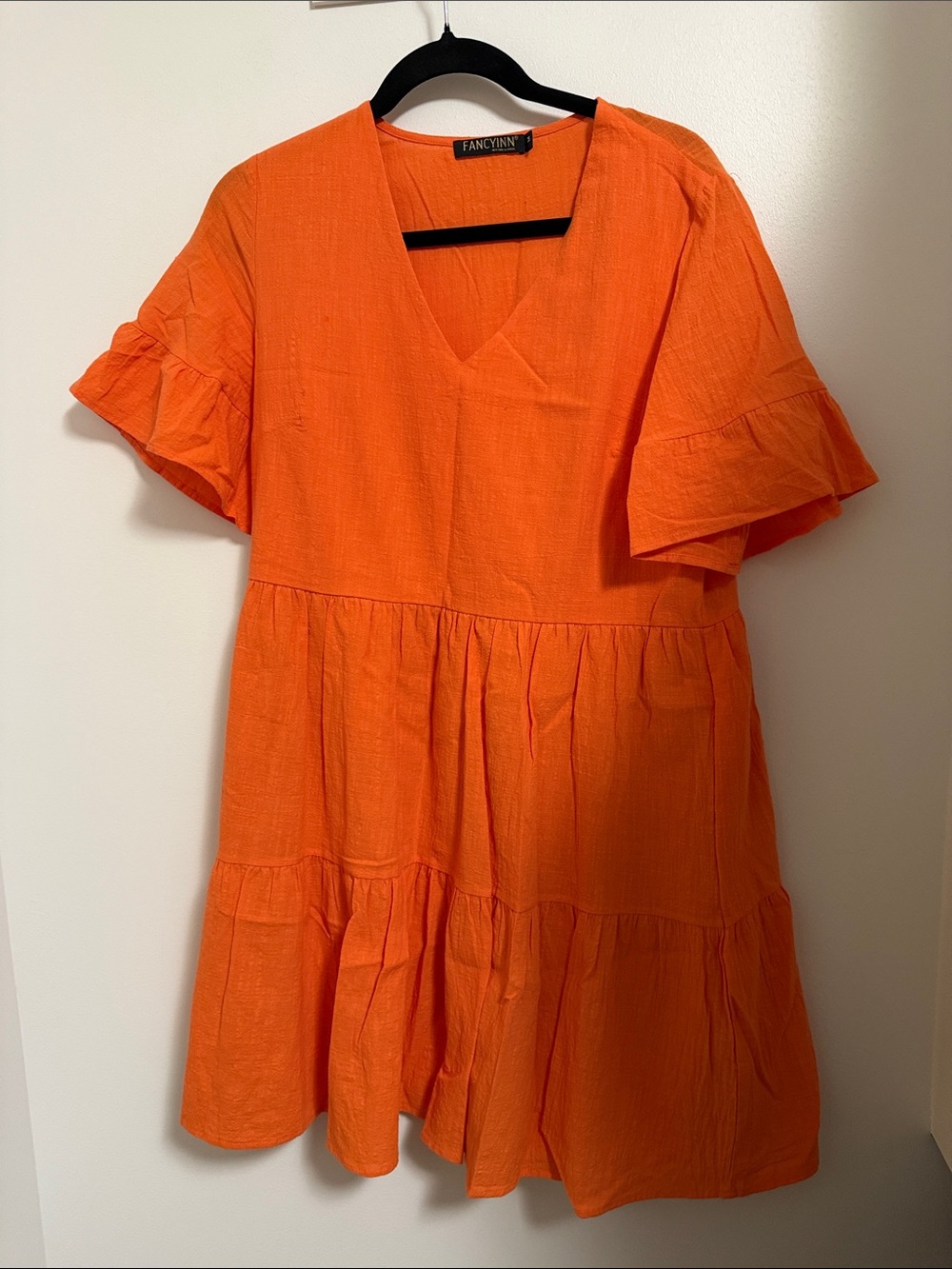 Fancyinn Bright Orange V-Neck Tiered Mini Dress